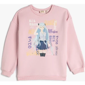 Anime Baskılı Bisiklet Yaka Uzun Kollu Sweatshirt Pamuklu