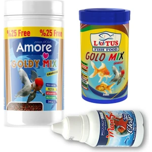 Goldy Mix Granules 125 ml ve 100 ml Lotus Japon Balığı Yemi ve Clear Akvaryum Berraklaştırıcı