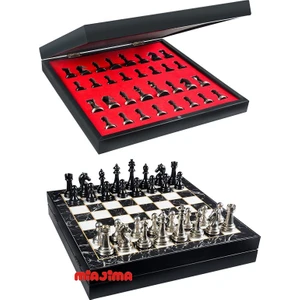 Ahşap Mermer Desenli Satranç Takımı Metal Siyah-Gümüş Satranç Taşlı El Yapımı Satranç Takımı 36X36 cm