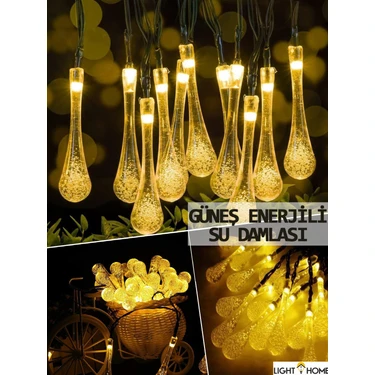 Light Home 50 LED 7 Metre Sarı Su Damlası Kristal Solar LED Işık Güneş Enerjili Bahçe Teras Balkon