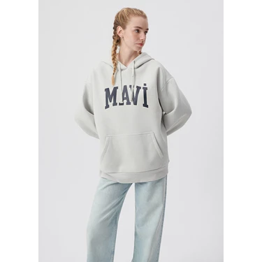 Mavi Kadın Mavi Logo Baskılı Kapüşonlu Gri Sweatshirt