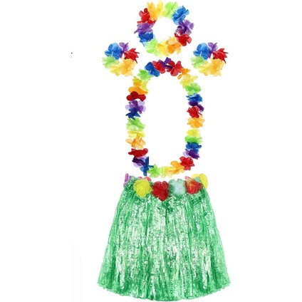 Yetişkin ve Çocuk Uyumlu Luau Aloha Hawaii Yeşil Etek ve Renkli Kolye Taç 2 Adet Bileklik Seti