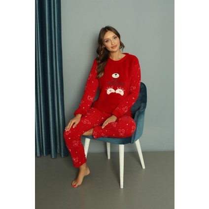 Yeni Sezon Sonbahar/kış Kadın Welsoft Polar Yuvarlak Yaka Ayıcık Desenli Kalın Pijama Takımı 30003
