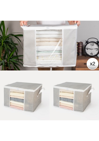 2 Adet Orta Boy Pencereli Çizgi Desen Baskılı Dolap içi Kıyafet Düzenleyici Hurç Seti 45x40x30 cm