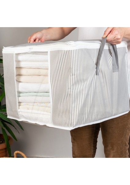 2 Adet Orta Boy Pencereli Çizgi Desen Baskılı Dolap içi Kıyafet Düzenleyici Hurç Seti 45x40x30 cm modelleri