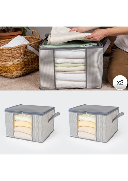 2 Adet Orta Boy Pencereli Çizgi Desen Baskılı Antrasit Dolap içi Kıyafet Düzenleyici Hurç Seti 45x40x30 cm