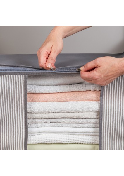 2 Adet Orta Boy Pencereli Çizgi Desen Baskılı Antrasit Dolap içi Kıyafet Düzenleyici Hurç Seti 45x40x30 cm modelleri