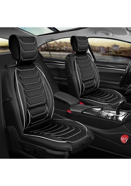 Skoda Fabia Uyumlu Lüx Deri Oto Koltuk Kılıfı Ön Arka Takım Antalya Serisi Siyah Beyaz