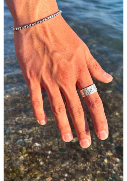 Antik Ilk Insan Motifi Gümüş Kaplama Ayarlanabilir Erkek Yüzük ve Bileklik Set