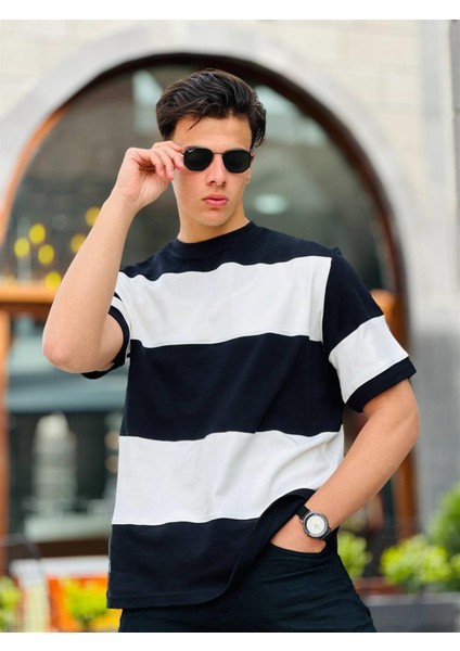 Iki Renk Kısa Kollu Tişört Oversize-Siyah-Beyaz
