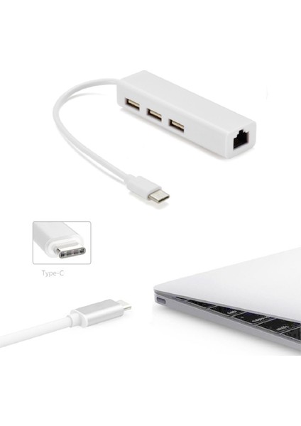 Type-C Ethernet USB Girişli Type C Çoklayıcı 3 Port USB 1 Port RJ45 Ethernet Adaptör