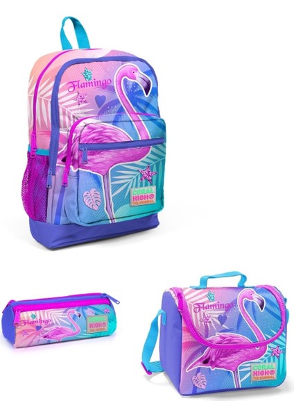 Coral High Kids Lavanta Pembe Flamingo Desenli 3’lü Okul Çanta Seti 23705