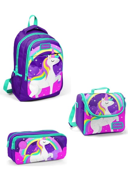 Coral High Kids Mor Su Yeşili Unicorn Desenli 3’lü Okul Çanta Seti 14376