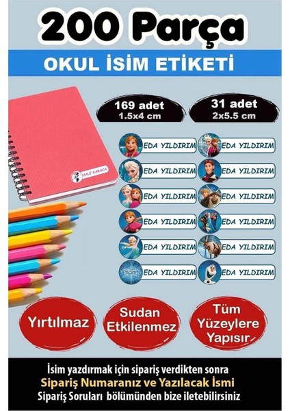 Okul Etiketi Kalem Defter Etiketi Özel Isimli Etiket Elsa-Anna Frozen 12 Figür 200 Adet