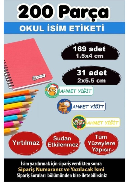 Okul Etiketi Kalem Defter Etiketi Özel Isimli Etiket Garfield Tembel Kedi 3 Figür 200 Adet