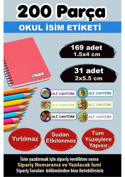 Okul Etiketi Kalem Defter Etiketi Özel Isimli Etiket Scooby-Doo 6 Figür 200 Adet