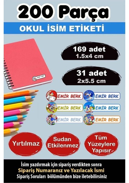 Okul Etiketi Kalem Defter Etiketi Özel Isimli Etiket Sonic 6 Figür 200 Adet