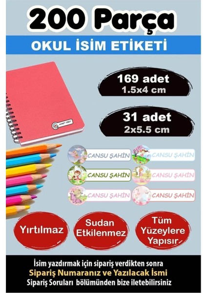 Okul Etiketi Kalem Defter Etiketi Özel Isimli Etiket Minik Periler 6 Figür 200 Adet