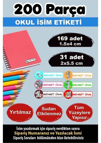 Okul Etiketi Kalem Defter Etiketi Özel Isimli Etiket Tom ve Jerry 6 Figür 200 Adet