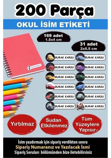 Okul Etiketi Kalem Defter Etiketi Özel Isimli Etiket Arabalar 12 Figür 200 Adet