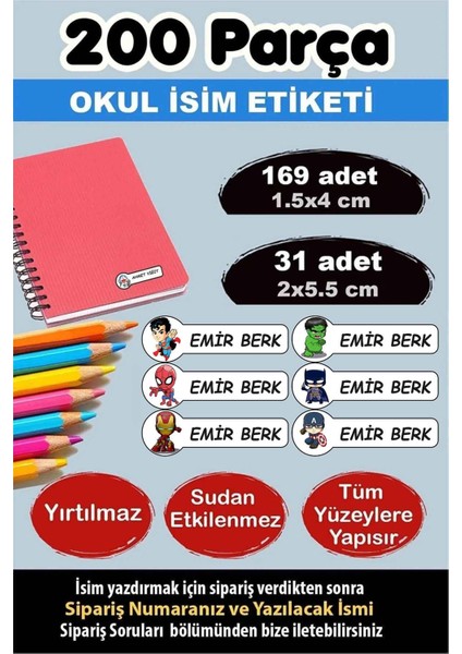 Okul Etiketi Kalem Defter Etiketi Özel Isimli Etiket Minik Yenilmezler 6 Figür 200 Adet