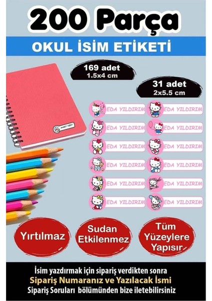 Okul Etiketi Kalem Defter Etiketi Özel Isimli Etiket Hello Kitty 12 Figür 200 Adet