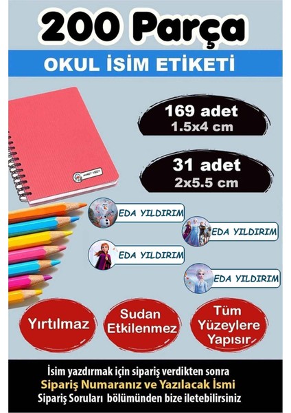 Okul Etiketi Kalem Defter Etiketi Özel Isimli Etiket Frozen 2 Elsa-Anna 4 Figür 200 Adet