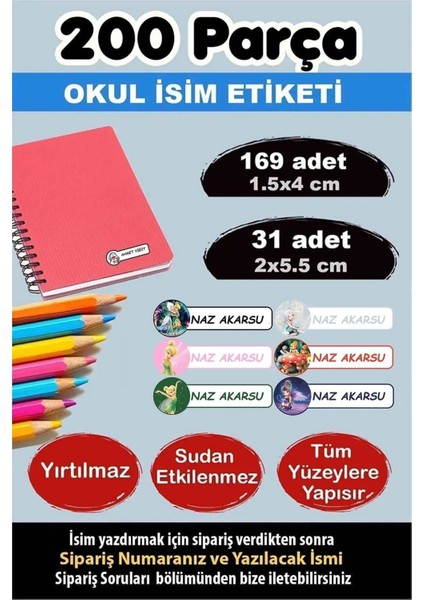 Okul Etiketi Kalem Defter Etiketi Özel Isimli Etiket Periler 6 Figür 200 Adet