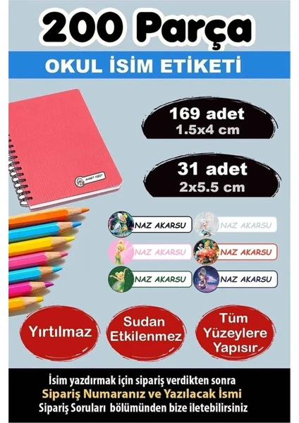 Kt Grup Okul Etiketi Kalem Defter Etiketi Özel Isimli Etiket Periler 6 Figür 200 Adet