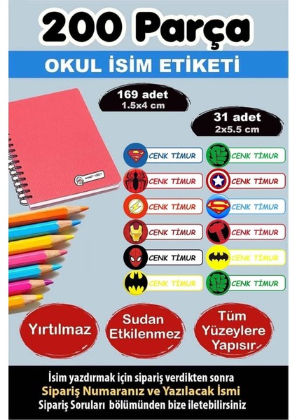 Okul Etiketi Kalem Defter Etiketi Özel Isimli Etiket Avengers-Yenilmezler 12 Figür 285 Adet fiyatları