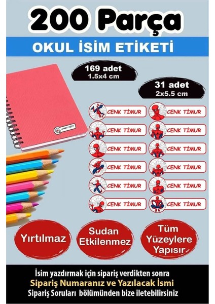 Okul Etiketi Kalem Defter Etiketi Özel Isimli Etiket Spiderman-Örümcek Adam 12 Figür 200 Adet