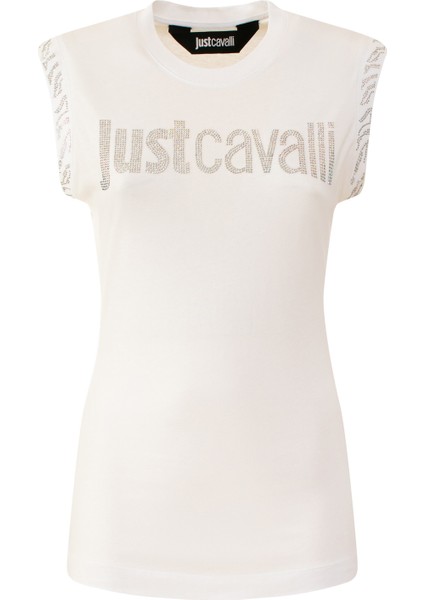 Just Cavalli Bisiklet Yaka Baskılı Beyaz Kadın T-Shirt 74PBHE02