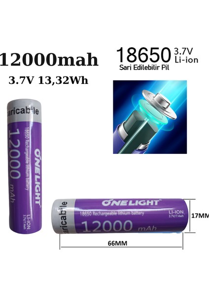 18650 Pil 12000 Mah 3,7V 13,32 Wh Şarjlı Lion Pil Yeni Üretim Kaliteli Tasarım