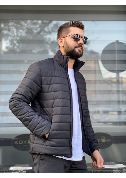 Erkek Siyah Su Geçirmez Fermuarlı Şişme Mont