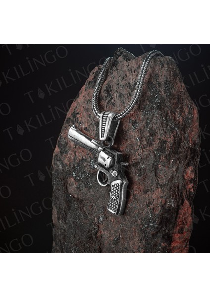 925 Ayar Gümüş 14 Lü Tabanca Motifli Erkek Kolye