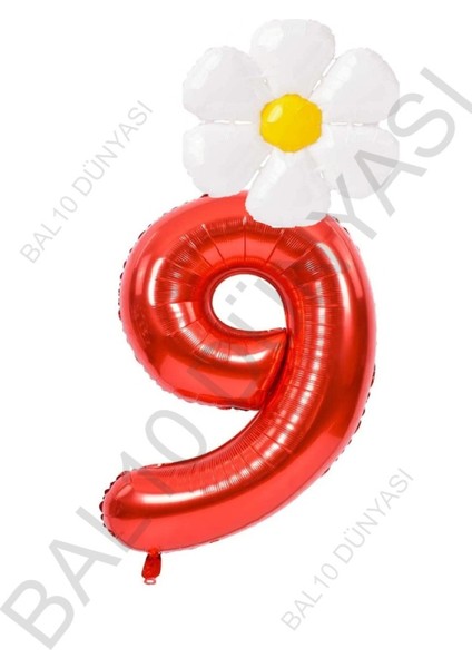 Kırmızı Rakam ve Beyaz Papatya Folyo Balon Seti Yaş 9