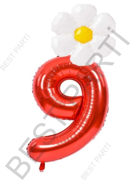 Kırmızı Rakam ve Beyaz Papatya Folyo Balon Seti Yaş 9