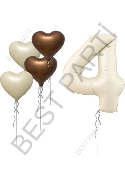 Bej Rakam ve Kalp Folyo Balon Seti Yaş 4