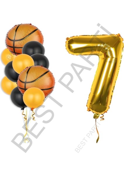 Gold Renk Rakam Basketbol Topu Folyo ve Latex Balon Seti Yaş 7