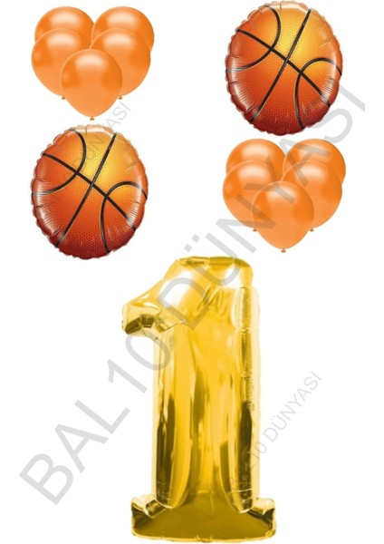 Basketbol Topu ve Gold Renk Rakam Folyo ve Latex Balon Seti Yaş 1