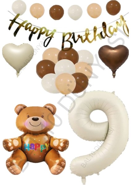Happy Bırthday Banner Oturan Ayı, Bej Rakam, Kalp Folyo ve Latex Balon Seti Yaş 9