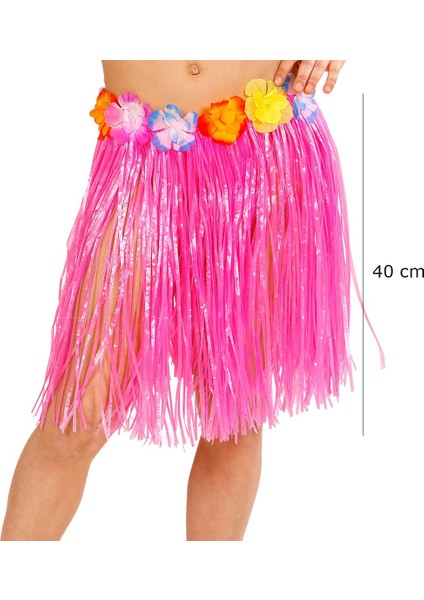 Yetişkin ve Çocuk Uyumlu Pembe Renk Püsküllü Hawaii Luau Hula Etek 40 cm