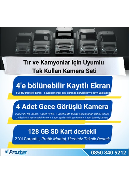 Tır ve Kamyonlar Için 4 Kameralı Kayıtlı 7 Inç Ekranlı Ka