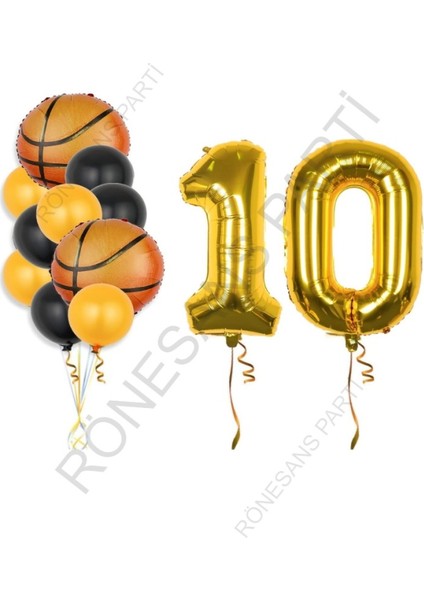 Gold Renk Rakam Basketbol Topu Folyo Ve Latex Balon Seti Yaş 10