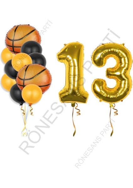 Gold Renk Rakam Basketbol Topu Folyo Ve Latex Balon Seti Yaş 13