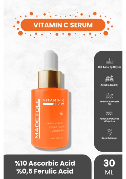 Vitamin C Serum Aydınlatıcı ve Cilt Tonu Eşitleyici Ascorbic Acid+Ferulic Acid+E Vitamini 30 ml