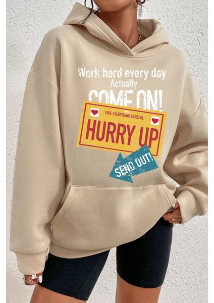 Oversize Hurry Up Baskılı Sweatshirt