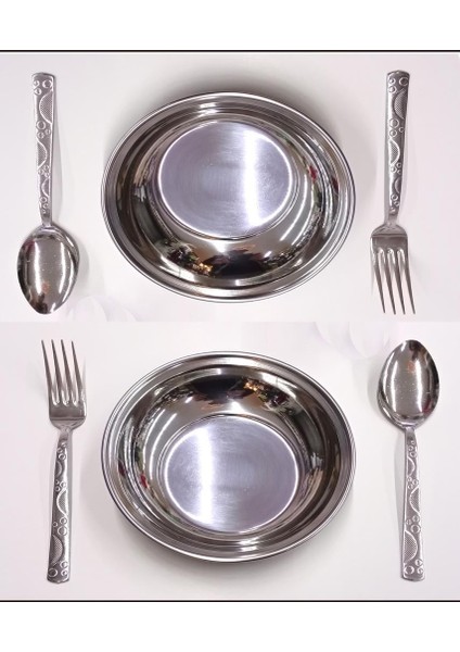 Yaşamboyu Garanti 6 Parça Yemek Seti 16CM Standart Porsiyon 2 Çelik Yemek Tabağı +2 Çatal +2 Kaşık