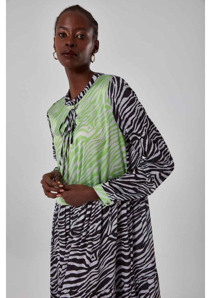 Zebra Bloklu Renkli Elbise
