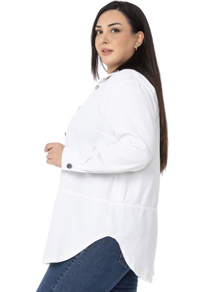 Büyük Beden Geniş Kesim Gabardin Beyaz Gömlek
